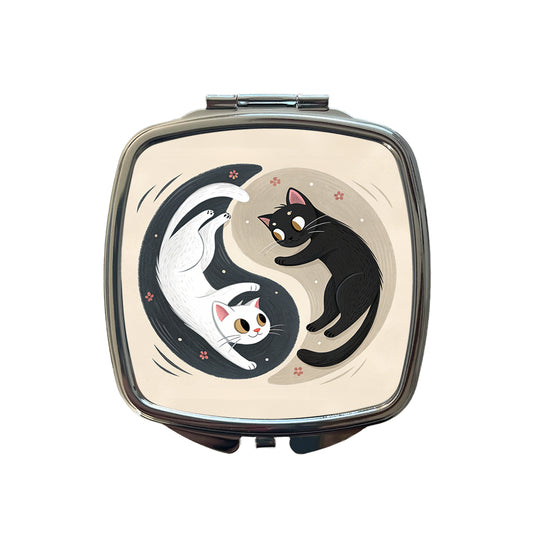 Two Cats Yin Yang Black White Small Travel Purse Handbag Pocket Makeup Compact Mirror