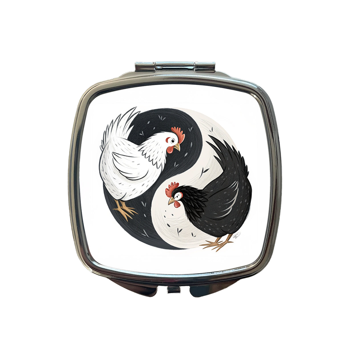 Two Chickens Yin Yang White Black Small Travel Purse Handbag Pocket Makeup Compact Mirror