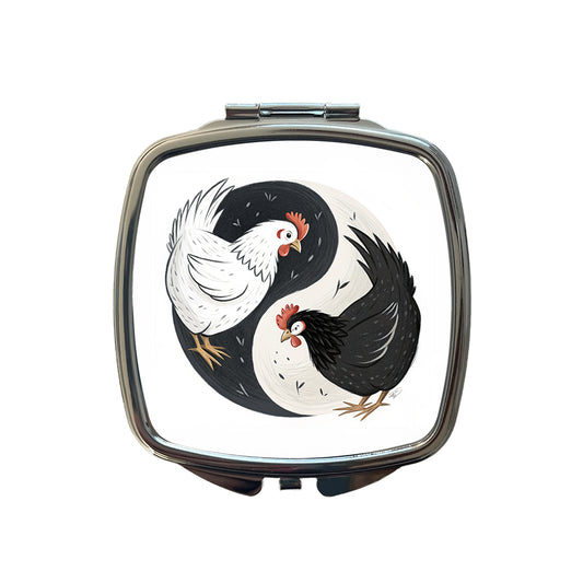 Two Chickens Yin Yang White Black Small Travel Purse Handbag Pocket Makeup Compact Mirror