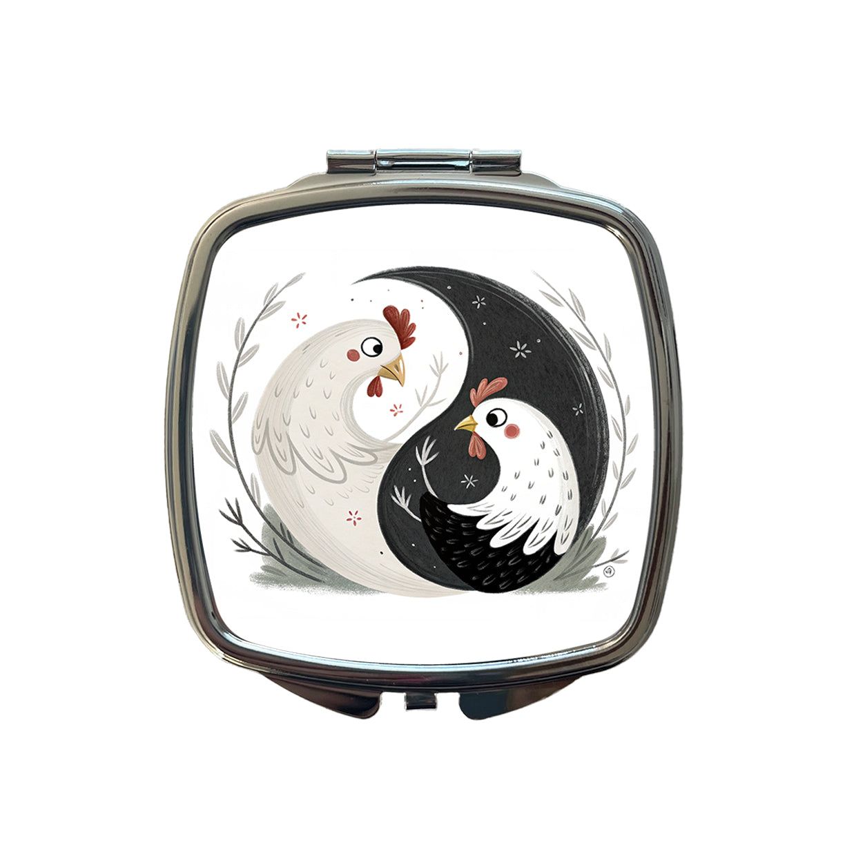 Two Chickens Yin Yang Small Travel Purse Handbag Pocket Makeup Compact Mirror