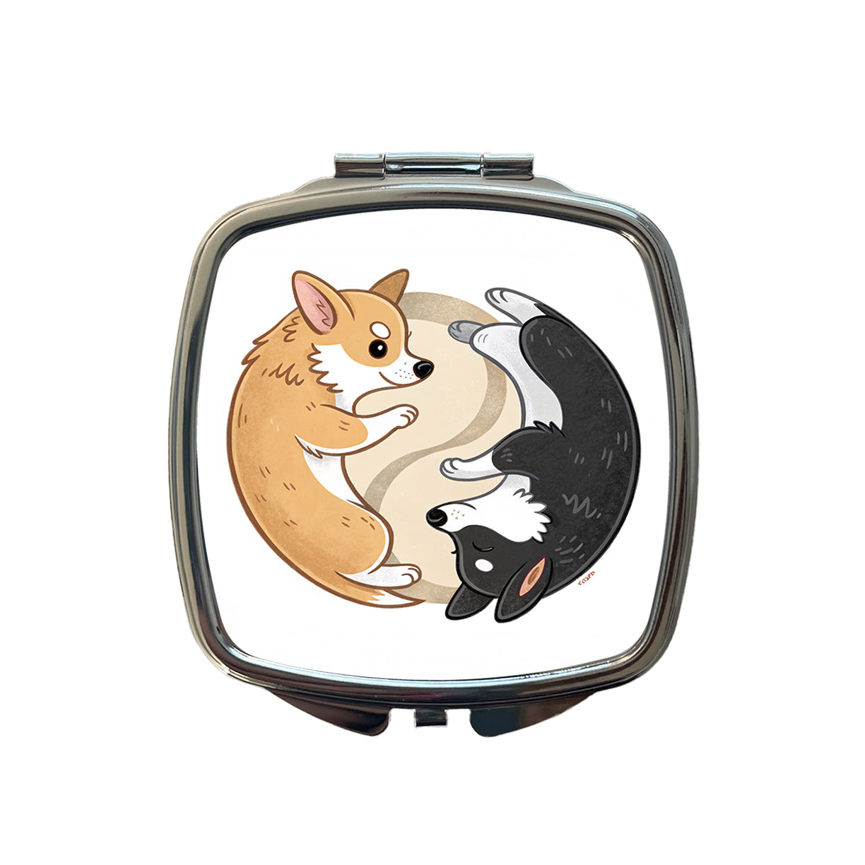 Two Corgis Yin Yang Dogs Cute Small Travel Purse Handbag Pocket Makeup Compact Mirror
