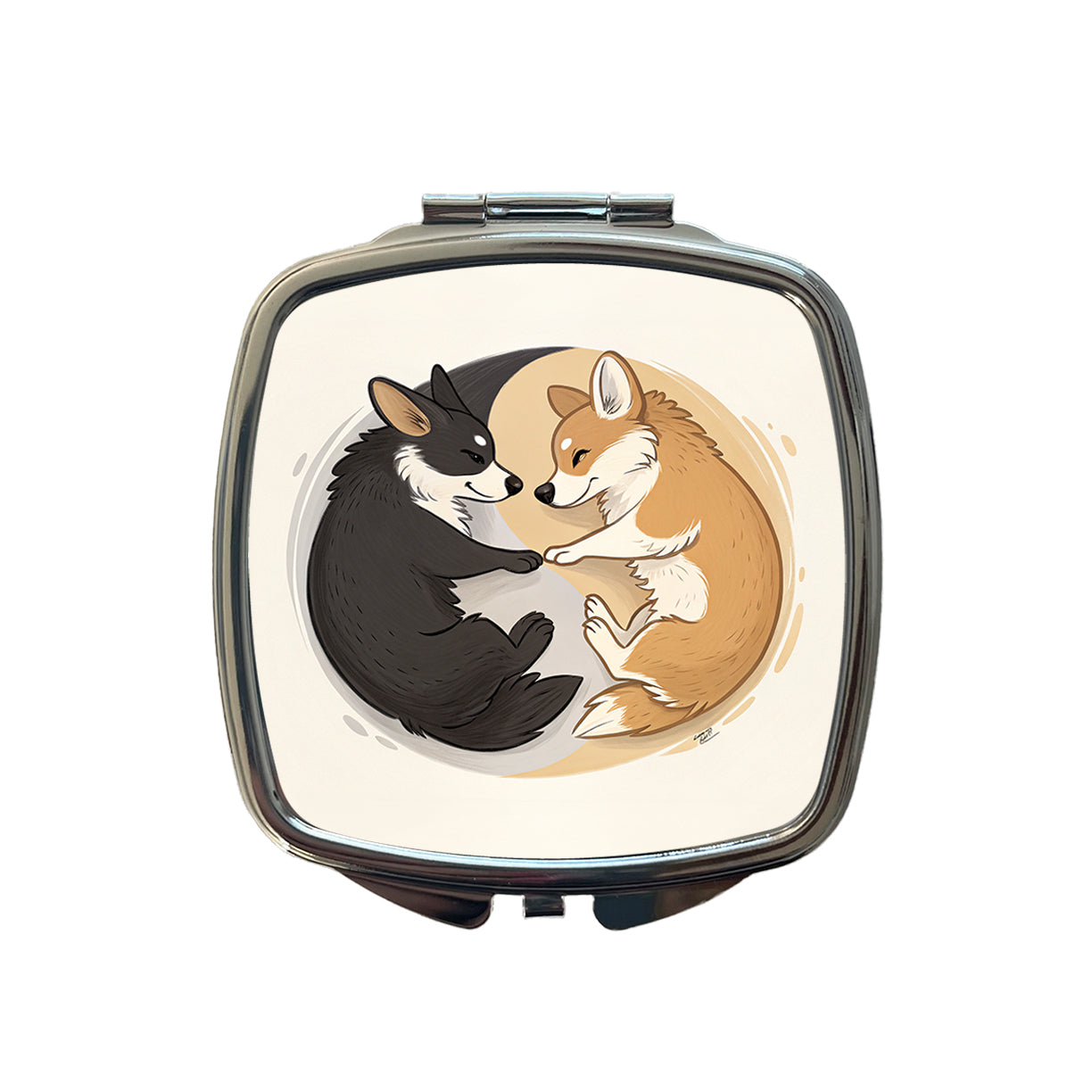 Two Corgis Yin Yang Dogs Small Travel Purse Handbag Pocket Makeup Compact Mirror