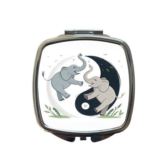 Two Elephants Yin Yang Cute Small Travel Purse Handbag Pocket Makeup Compact Mirror