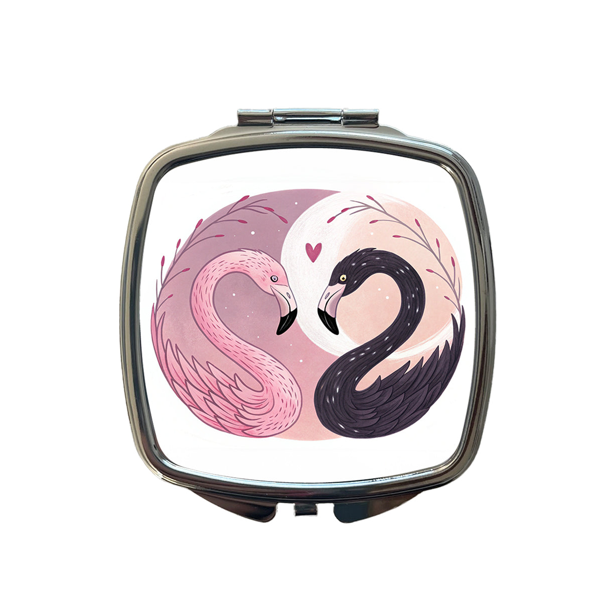 Two Flamingos Yin Yang Pink Black Small Travel Purse Handbag Pocket Makeup Compact Mirror