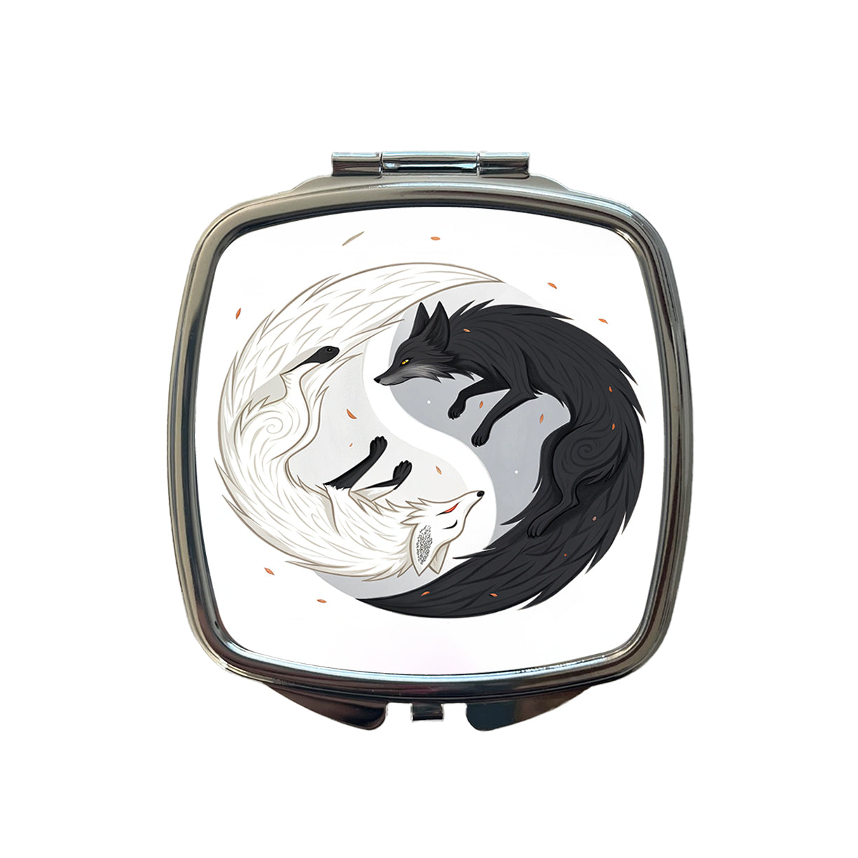 Two Foxes Yin Yang Black White Small Travel Purse Handbag Pocket Makeup Compact Mirror