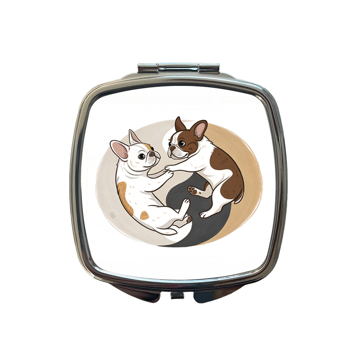 Two French Bulldogs Yin Yang Small Travel Purse Handbag Pocket Makeup Compact Mirror