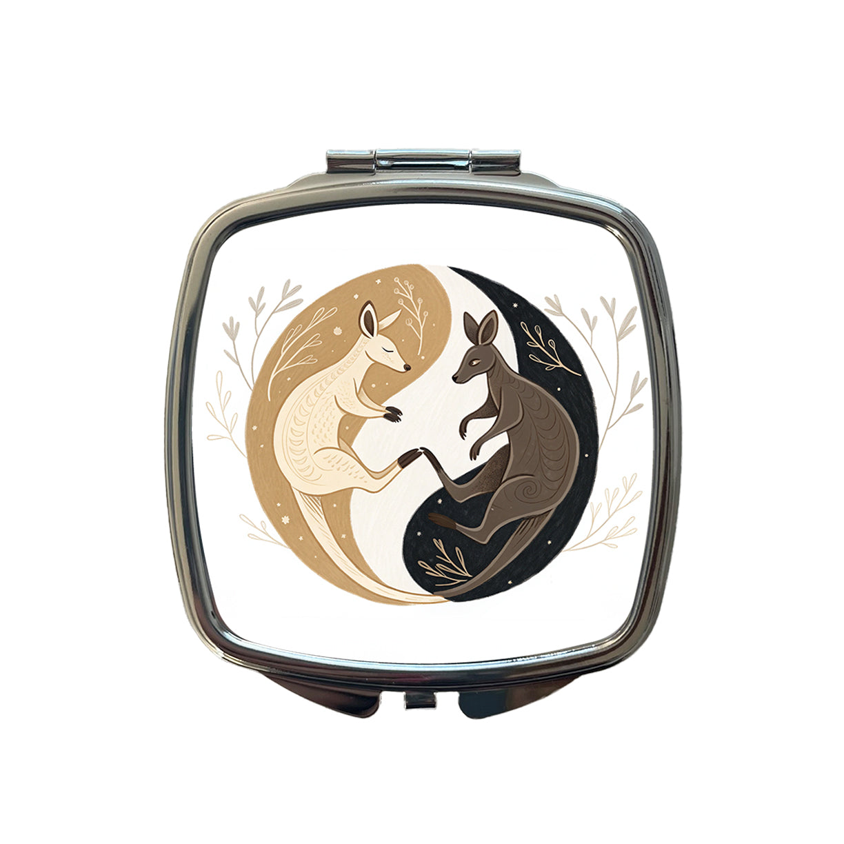 Two Kangaroos Yin Yang Dark Light Small Travel Purse Handbag Pocket Makeup Compact Mirror