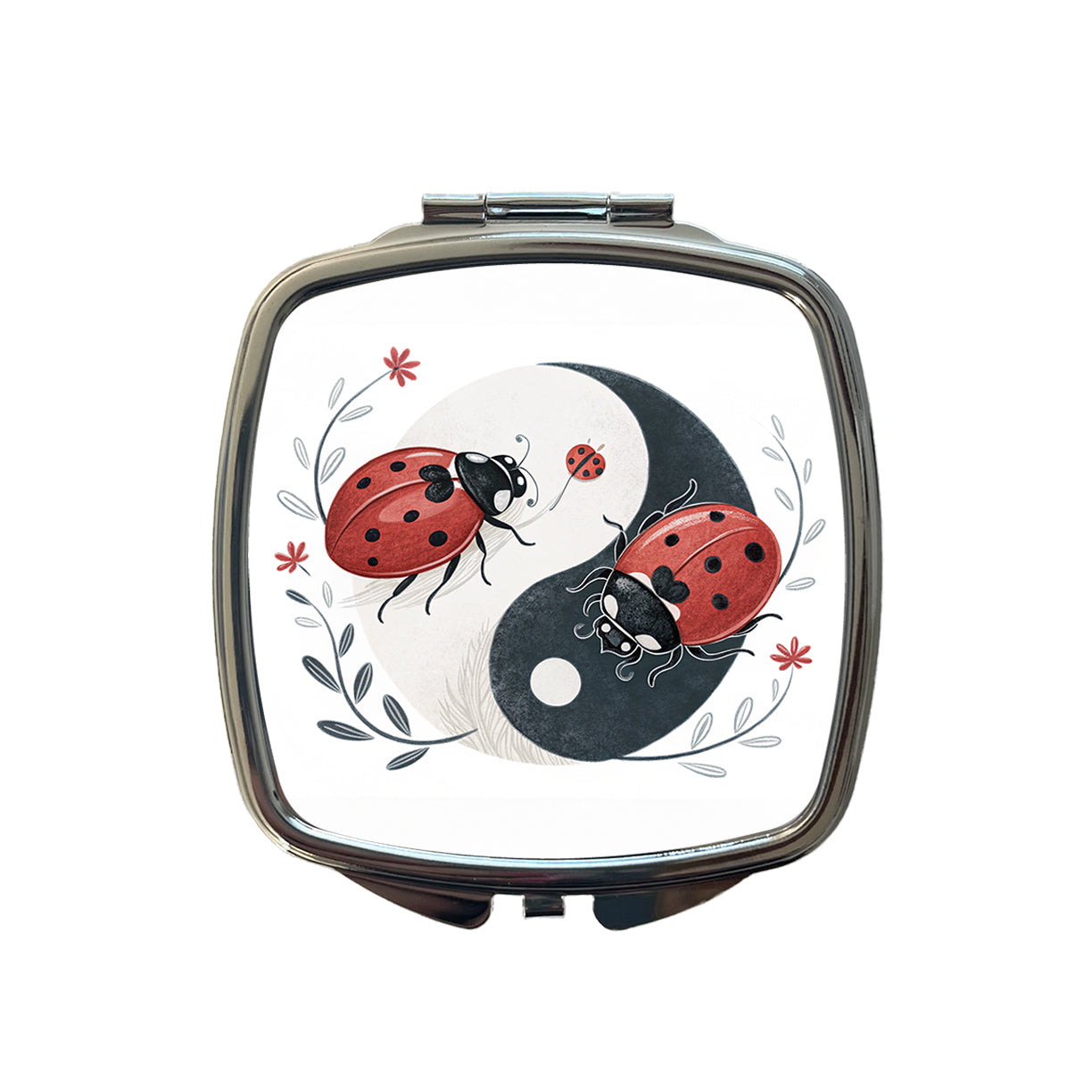 Two Ladybugs Yin Yang Cute Small Travel Purse Handbag Pocket Makeup Compact Mirror