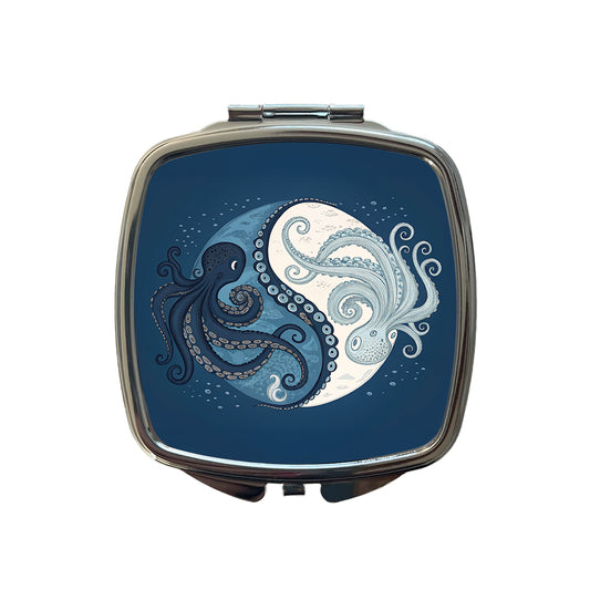 Two Octopus Yin Yang Blues Small Travel Purse Handbag Pocket Makeup Compact Mirror