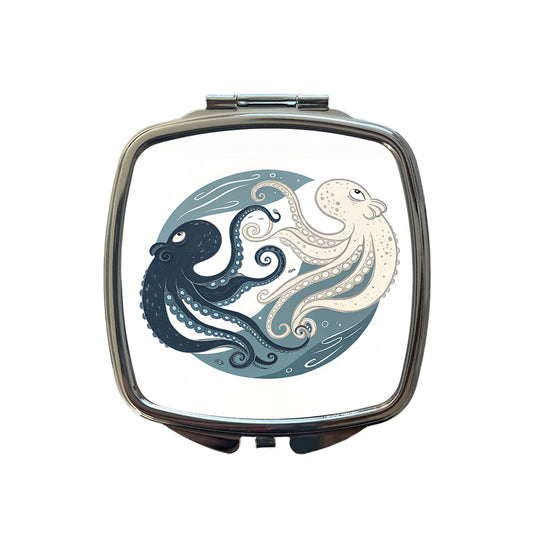 Two Octopus Yin Yang Small Travel Purse Handbag Pocket Makeup Compact Mirror