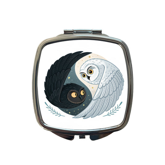 Two Owls Yin Yang Black White Small Travel Purse Handbag Pocket Makeup Compact Mirror