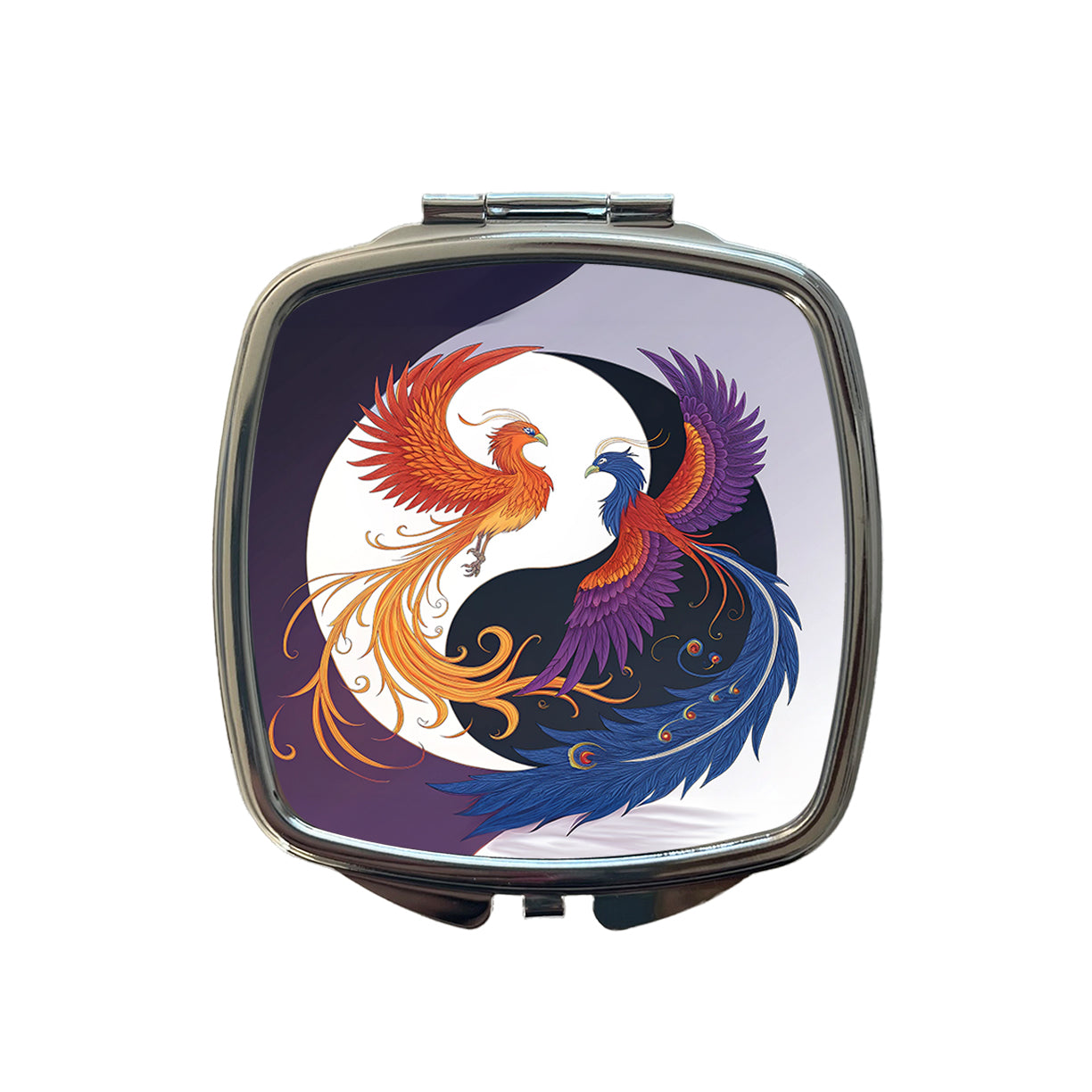 Two Phoenix Yin Yang Small Travel Purse Handbag Pocket Makeup Compact Mirror