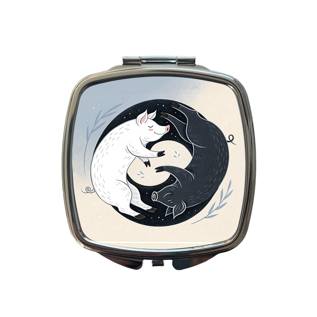 Two Pigs Yin Yang Black White Small Travel Purse Handbag Pocket Makeup Compact Mirror