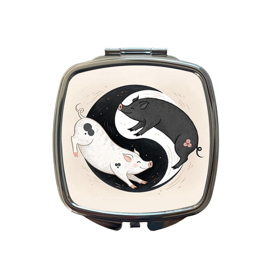 Two Pigs Yin Yang Cute Small Travel Purse Handbag Pocket Makeup Compact Mirror