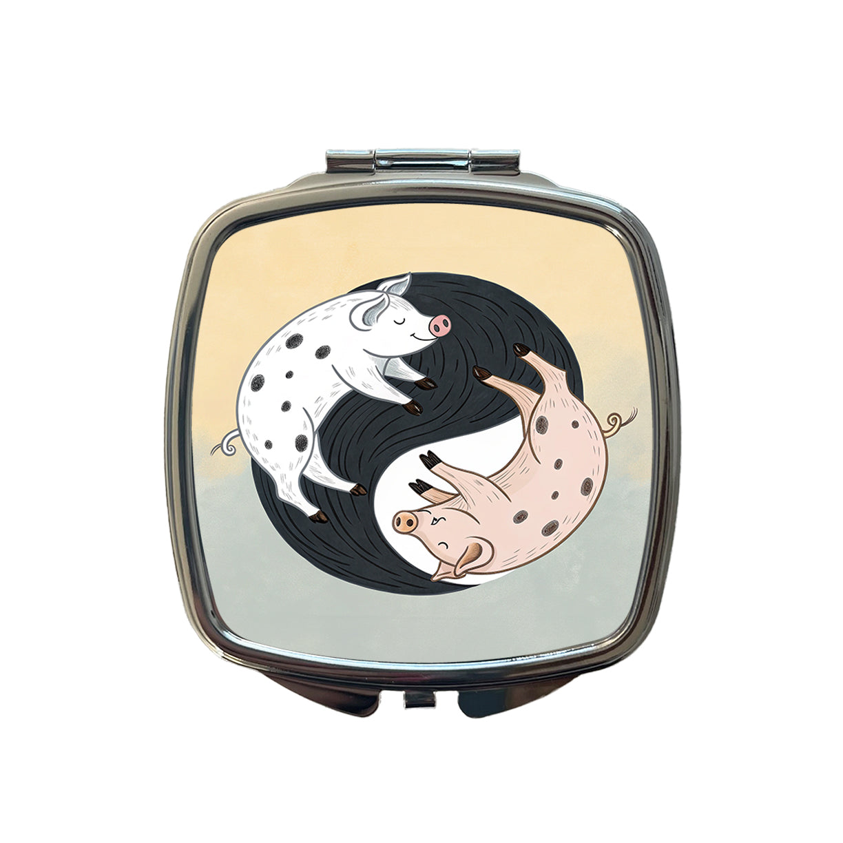 Two Pigs Yin Yang Sweet Small Travel Purse Handbag Pocket Makeup Compact Mirror