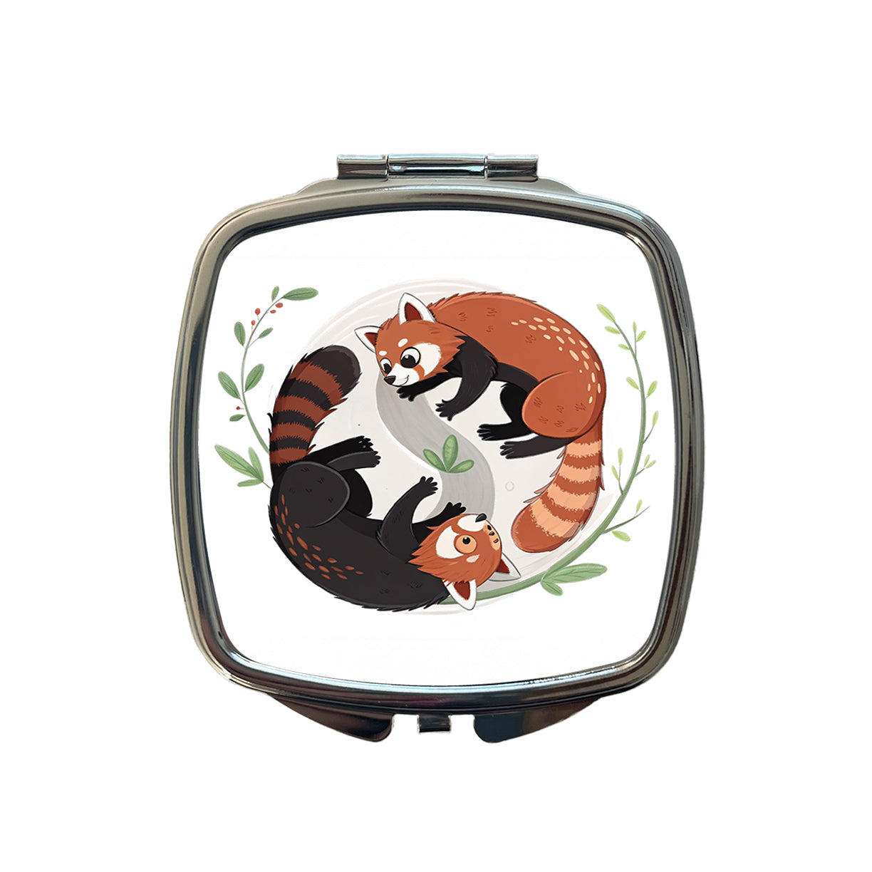 Two Red Pandas Yin Yang Cute Small Travel Purse Handbag Pocket Makeup Compact Mirror