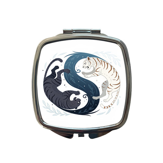 Two Tigers Yin Yang Awesome Small Travel Purse Handbag Pocket Makeup Compact Mirror