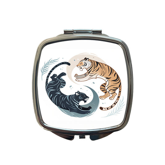 Two Tigers Yin Yang Orange Dark Small Travel Purse Handbag Pocket Makeup Compact Mirror