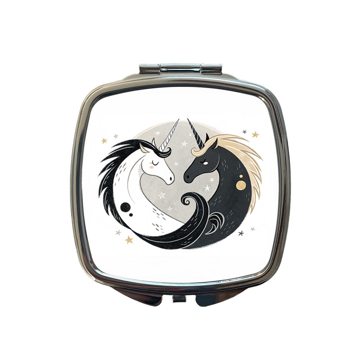 Two Unicorns Yin Yang Black White Small Travel Purse Handbag Pocket Makeup Compact Mirror