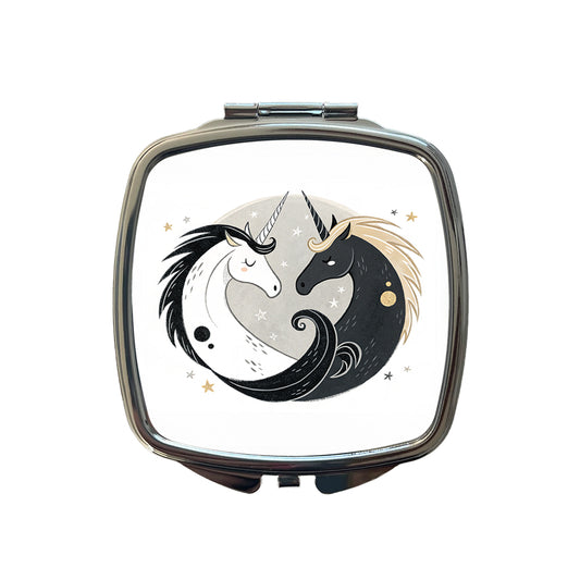 Two Unicorns Yin Yang Black White Small Travel Purse Handbag Pocket Makeup Compact Mirror