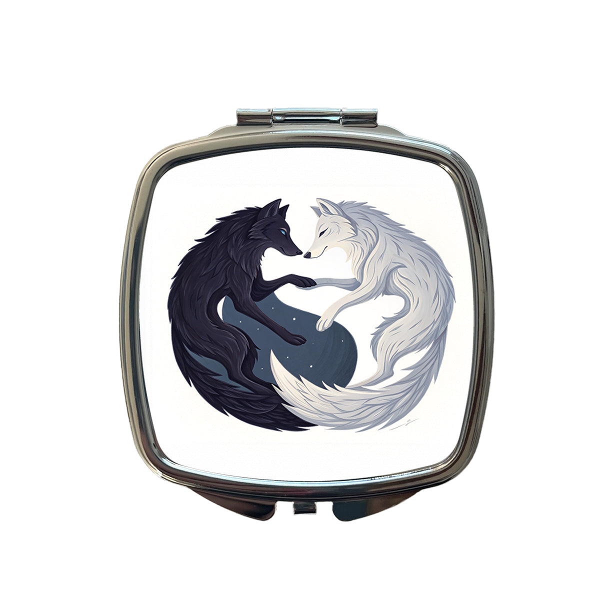 Two Wolves Yin Yang Black White Small Travel Purse Handbag Pocket Makeup Compact Mirror
