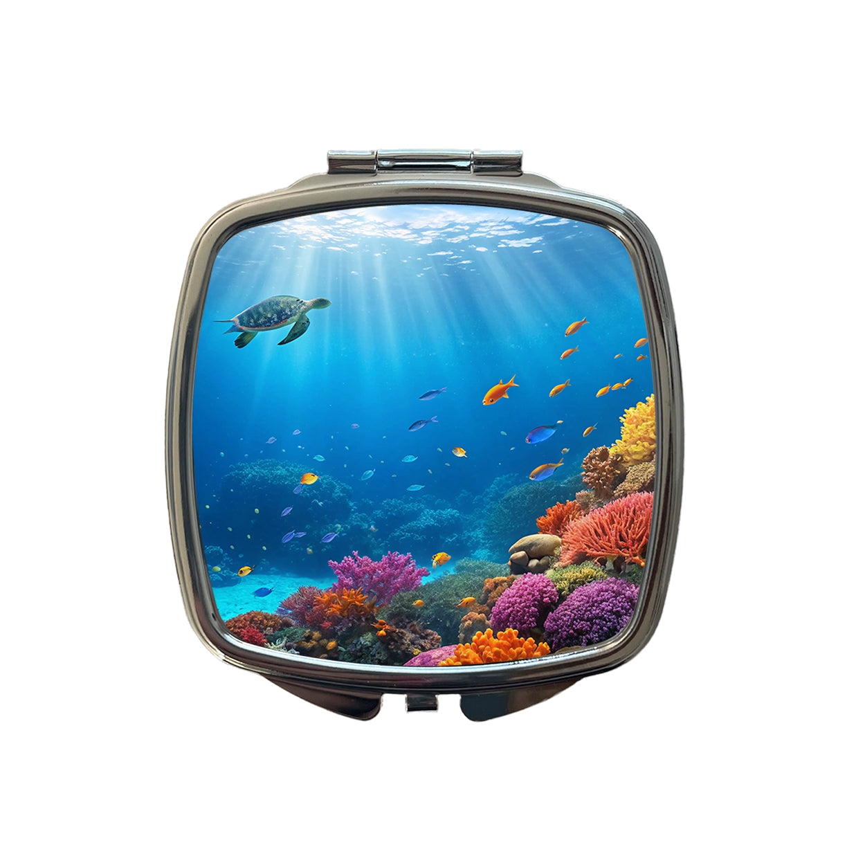 Underwater Scene Tropical Turtle Fish Coral Ocean Small Travel Purse Handbag Pocket Makeup Compact Mirror