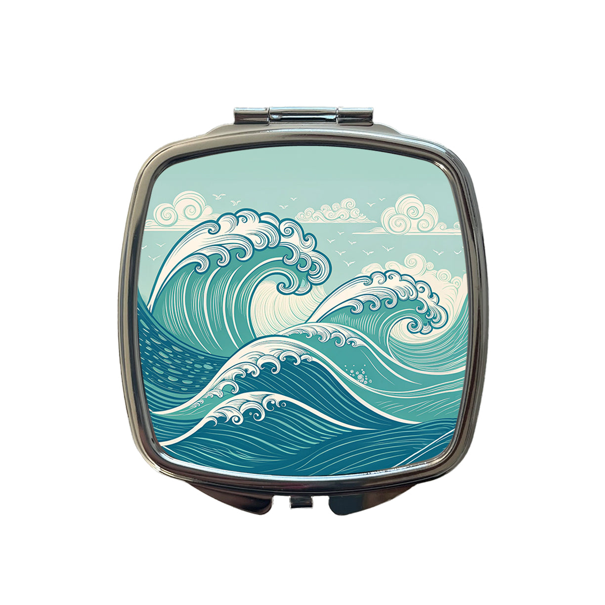 Vintage Ocean Waves Drawing Small Travel Purse Handbag Pocket Makeup Compact Mirror
