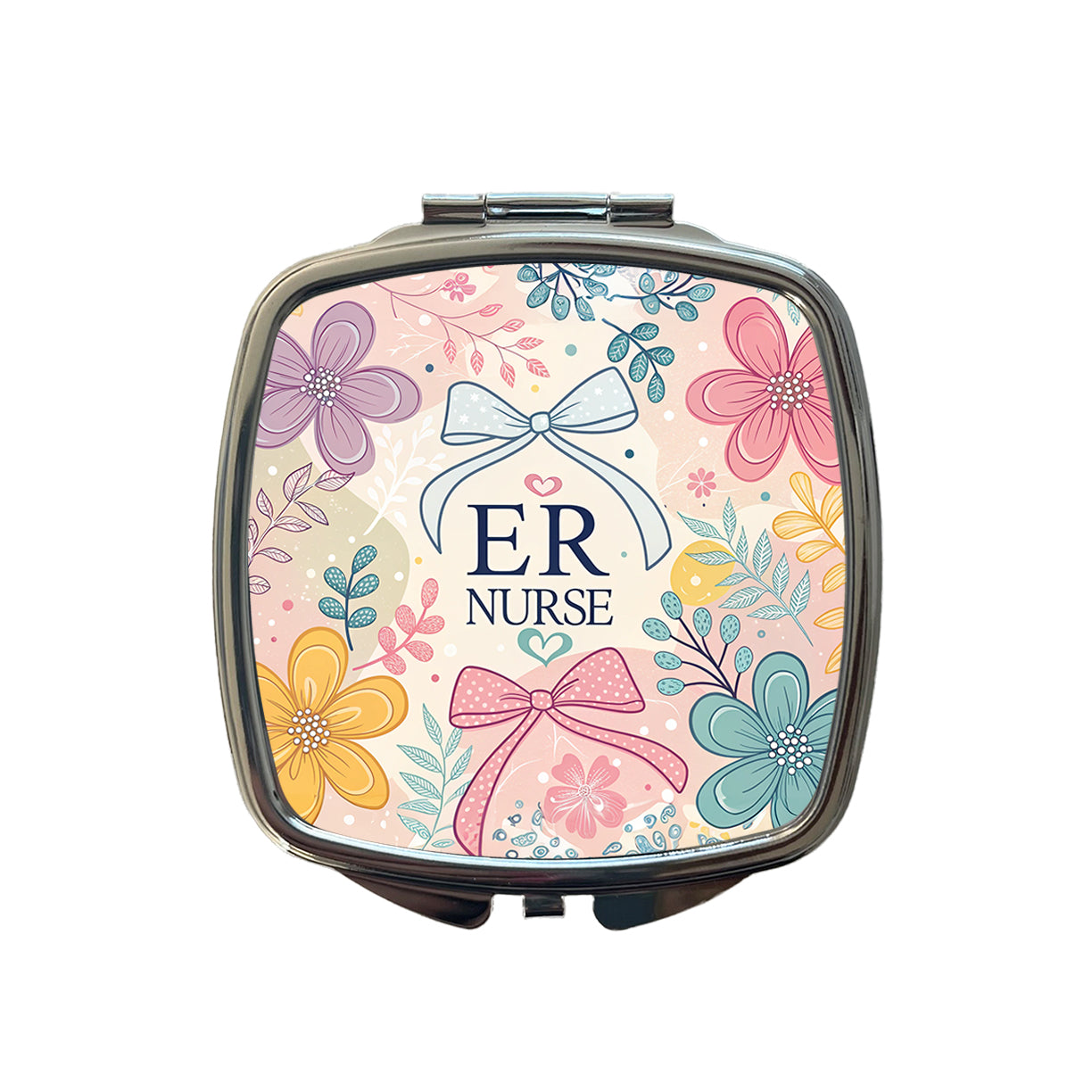 ER Emergency Room Nurse Appreciation Coquette Bows Flowers Small Travel Purse Handbag Pocket Makeup Compact Mirror