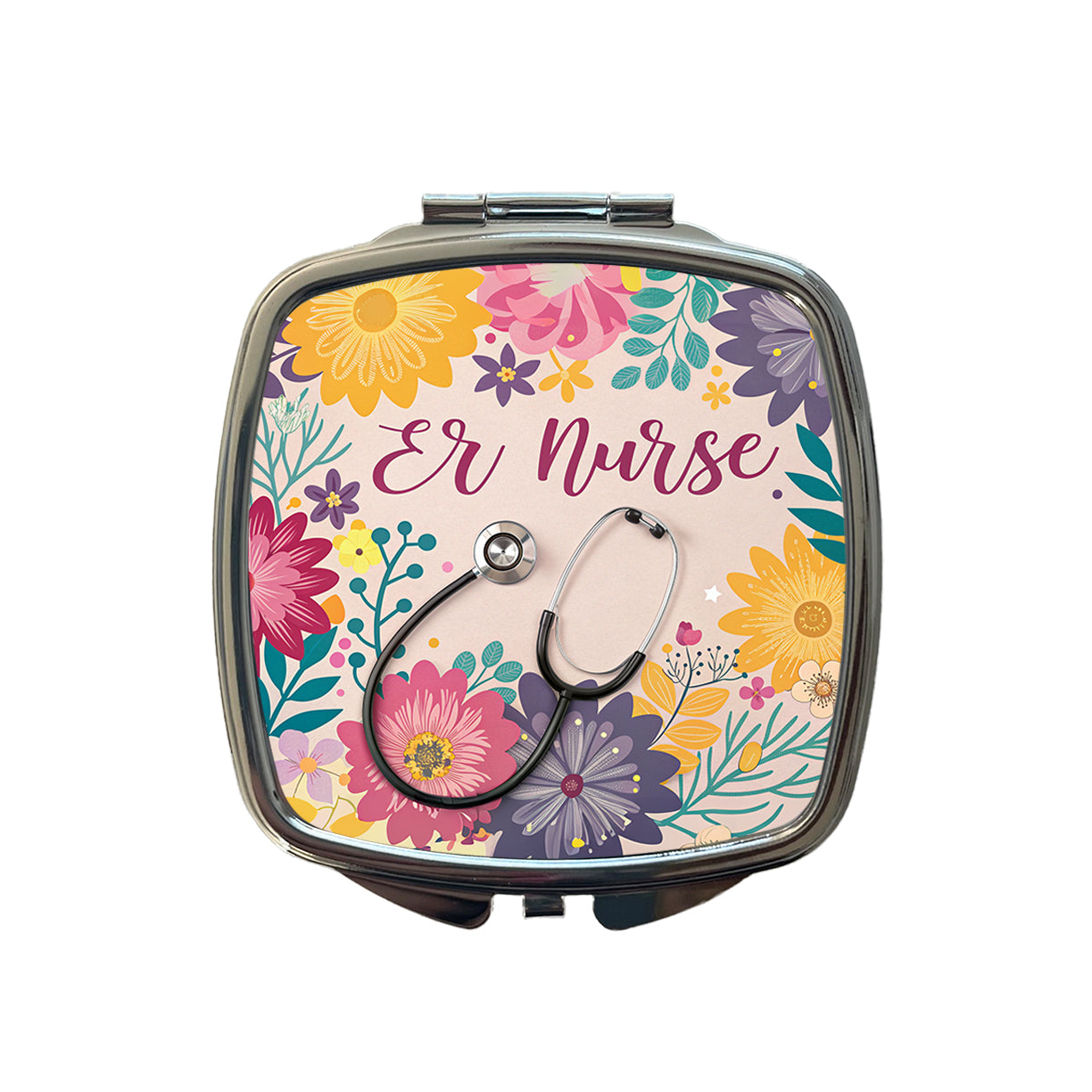 ER Emergency Room Nurse Appreciation Stethoscope Flowers Small Travel Purse Handbag Pocket Makeup Compact Mirror