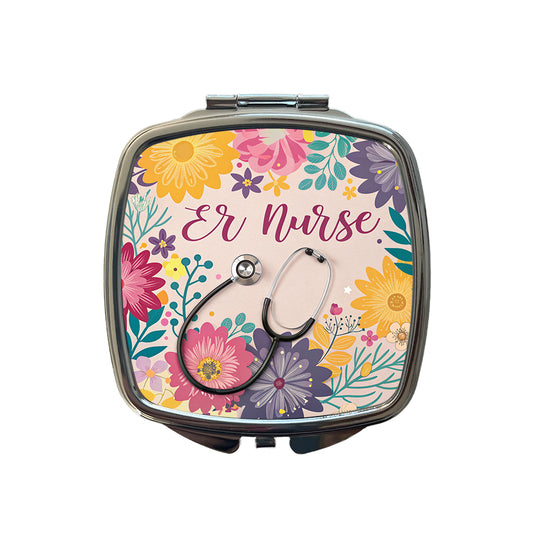 ER Emergency Room Nurse Appreciation Stethoscope Flowers Small Travel Purse Handbag Pocket Makeup Compact Mirror
