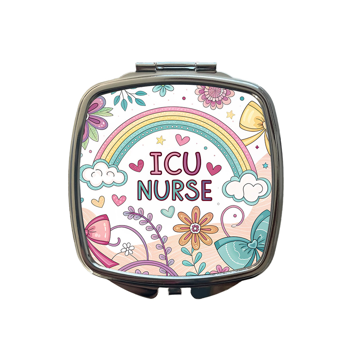 ICU Nurse Appreciation Coquette Bows Flowers Small Travel Purse Handbag Pocket Makeup Compact Mirror