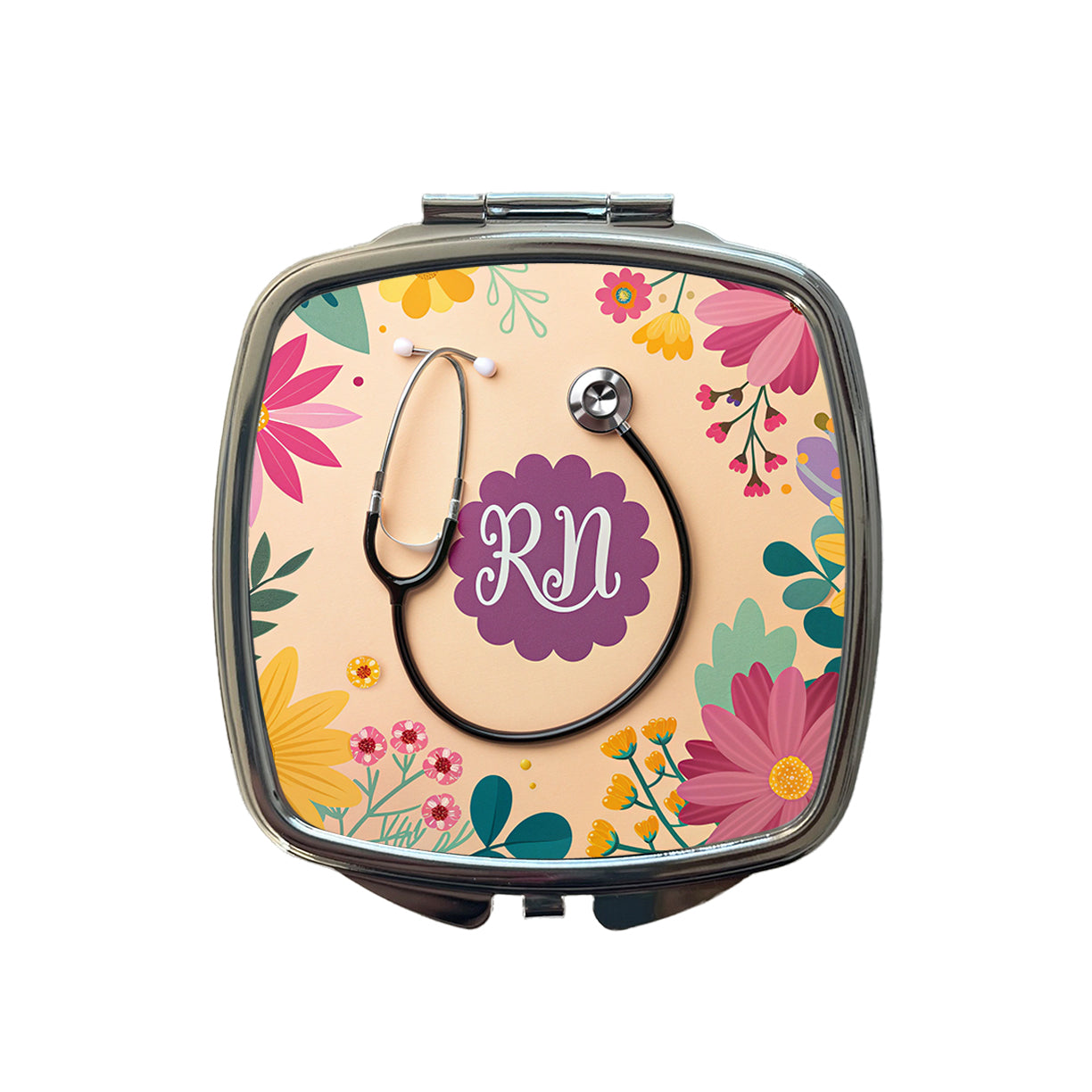 RN Registered Nurse Appreciation Stethoscope Flowers Small Travel Purse Handbag Pocket Makeup Compact Mirror