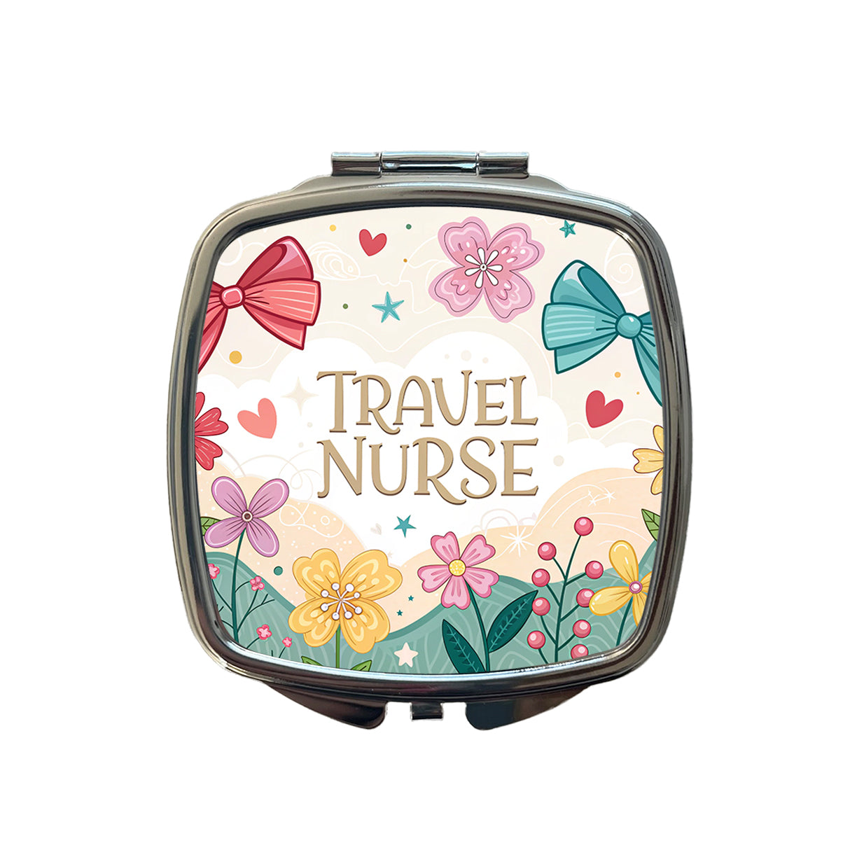 Travel Nurse Appreciation Coquette Bows Flowers Small Travel Purse Handbag Pocket Makeup Compact Mirror