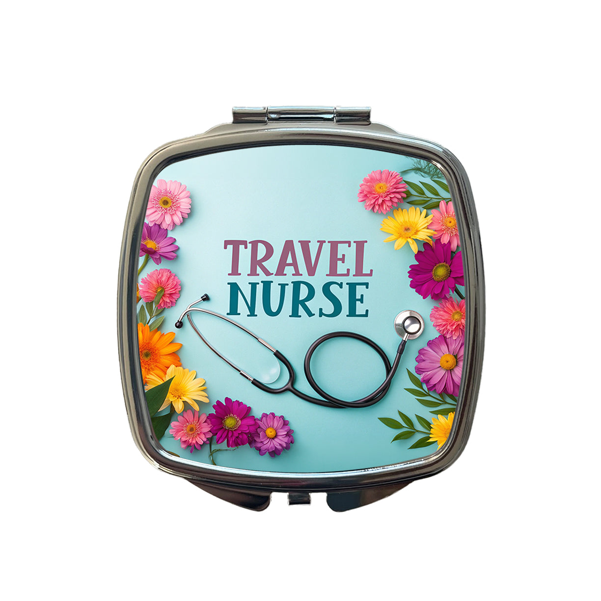 Travel Nurse Appreciation Stethoscope Flowers Small Travel Purse Handbag Pocket Makeup Compact Mirror