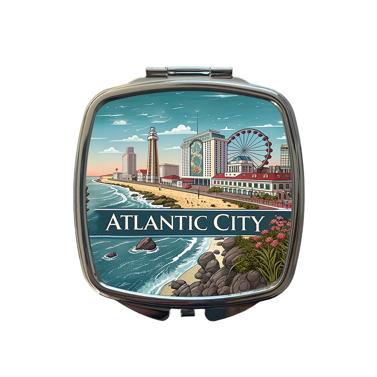 Atlantic City, New Jersey NJ Travel City State Stamp Small Travel Purse Handbag Pocket Makeup Compact Mirror