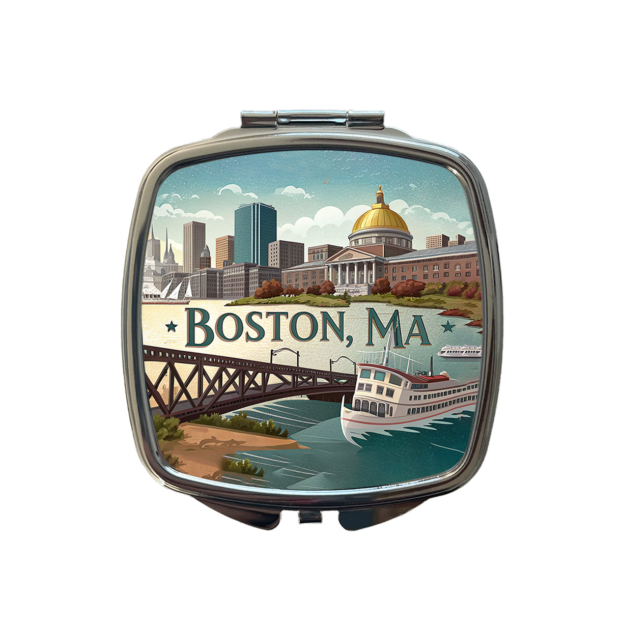 Boston, Massachusetts MA Travel City State Stamp Small Travel Purse Handbag Pocket Makeup Compact Mirror