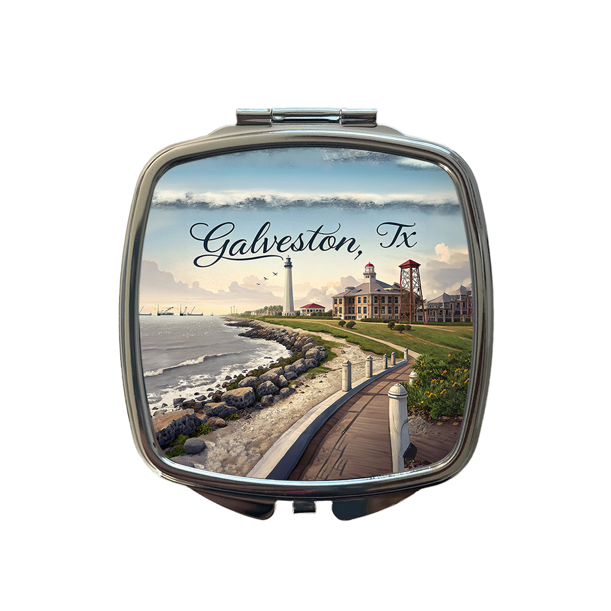Galveston, Texas TX Travel City State Stamp Small Travel Purse Handbag Pocket Makeup Compact Mirror
