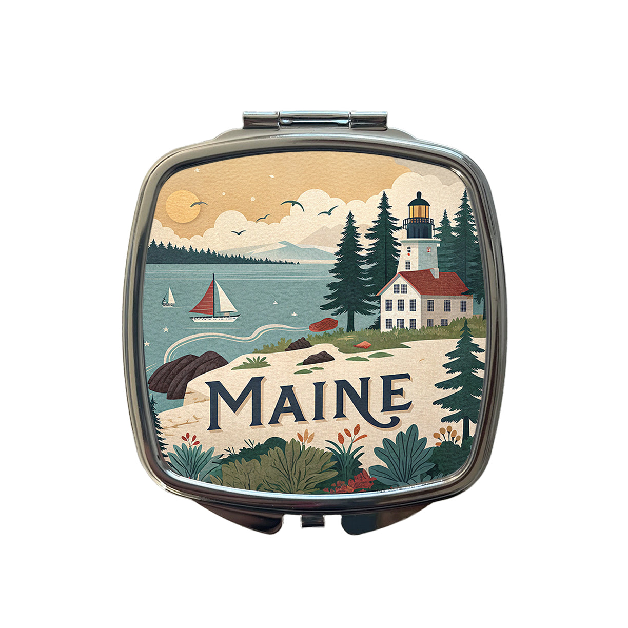 Maine ME Travel City State Stamp Small Travel Purse Handbag Pocket Makeup Compact Mirror