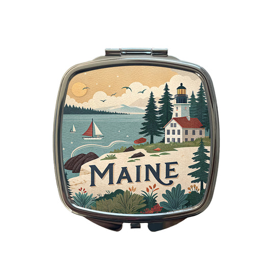 Maine ME Travel City State Stamp Small Travel Purse Handbag Pocket Makeup Compact Mirror