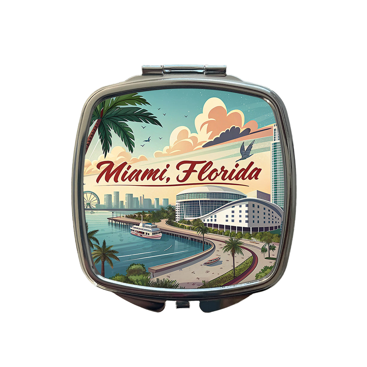 Miami, Florida FL Travel City State Stamp Small Travel Purse Handbag Pocket Makeup Compact Mirror
