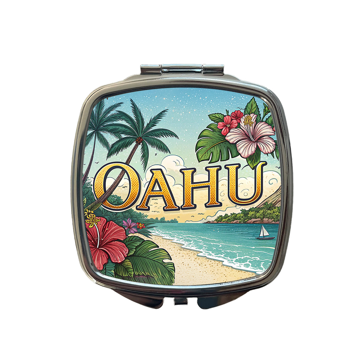 O'Ahu Hawaii HI Tropical Travel City State Stamp Small Travel Purse Handbag Pocket Makeup Compact Mirror