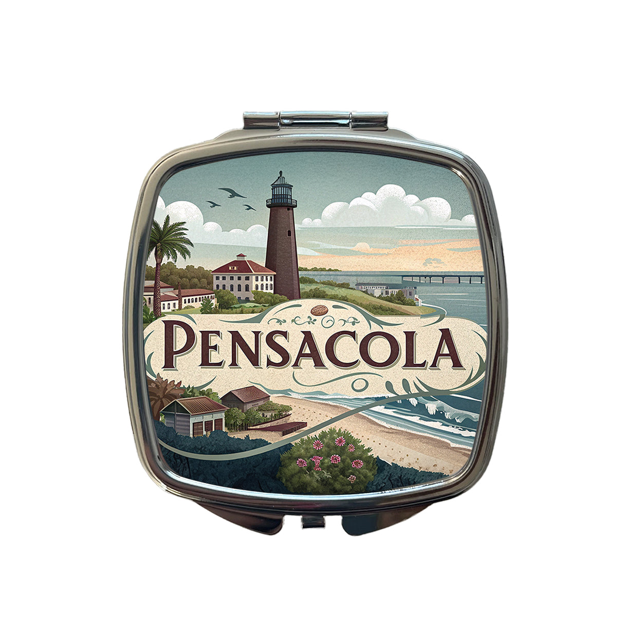 Pensacola, Florida FL Travel City State Stamp Small Travel Purse Handbag Pocket Makeup Compact Mirror