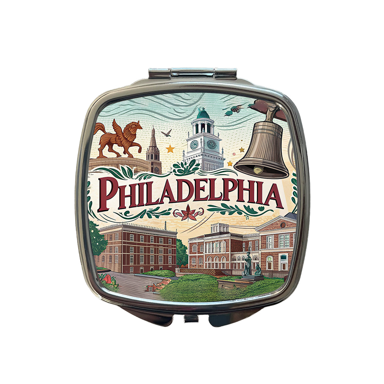 Philadelphia PA Travel City State Stamp Small Travel Purse Handbag Pocket Makeup Compact Mirror