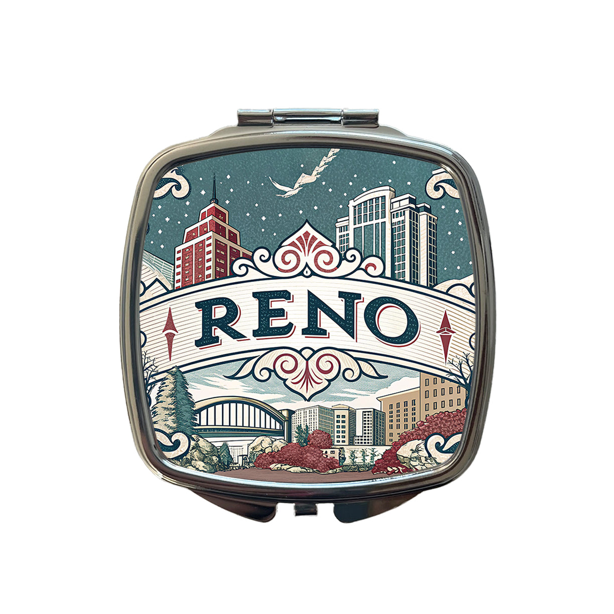 Reno, Nevada NV Travel City State Stamp Small Travel Purse Handbag Pocket Makeup Compact Mirror