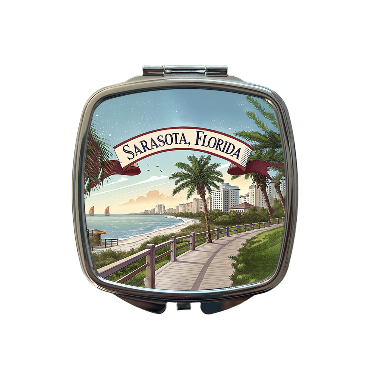 Sarasota, Florida FL Travel City State Stamp Small Travel Purse Handbag Pocket Makeup Compact Mirror