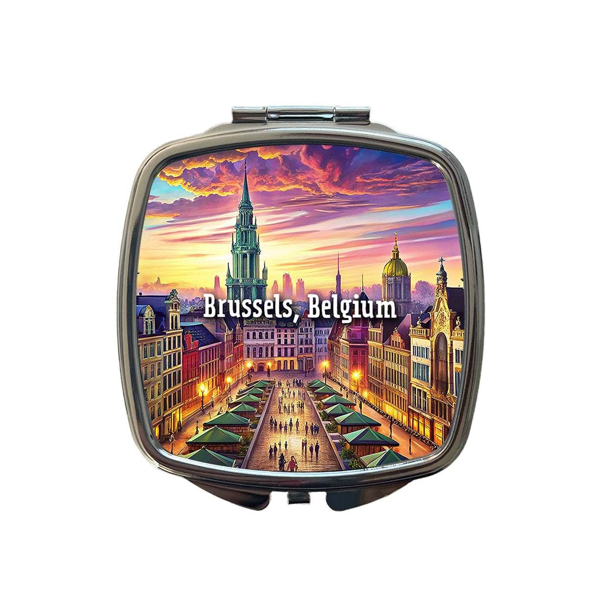 Brussels, Belgium Travel City Country Stamp Small Travel Purse Handbag Pocket Makeup Compact Mirror