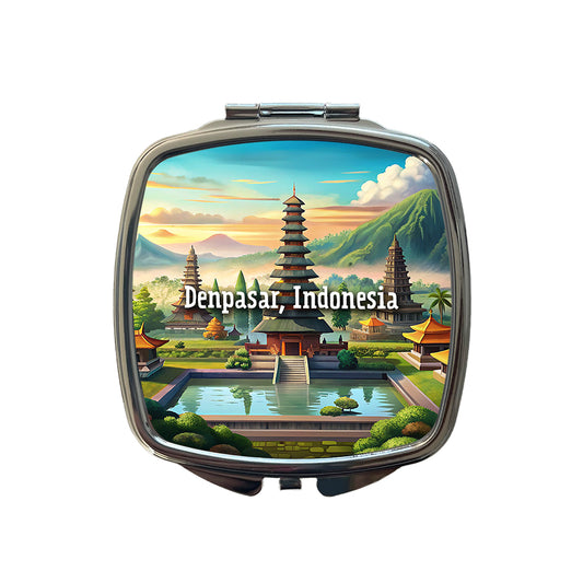 Denpasar, Indonesia Travel City Country Stamp Small Travel Purse Handbag Pocket Makeup Compact Mirror