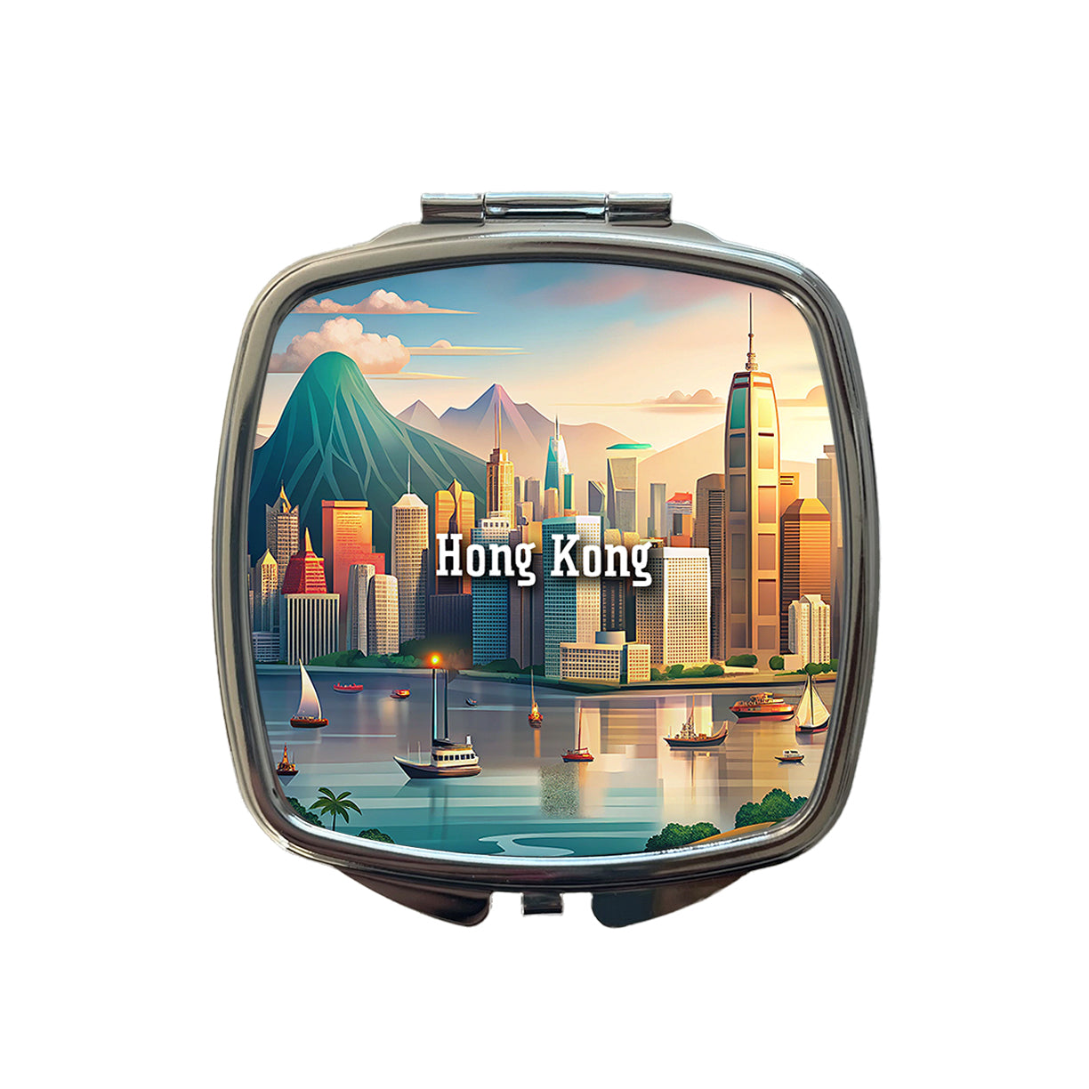 Hong Kong Travel City Country Stamp Small Travel Purse Handbag Pocket Makeup Compact Mirror