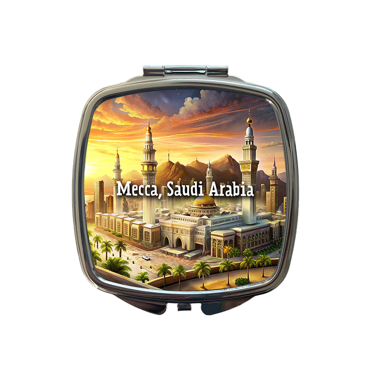 Mecca, Saudi Arabia Travel City Country Stamp Small Travel Purse Handbag Pocket Makeup Compact Mirror