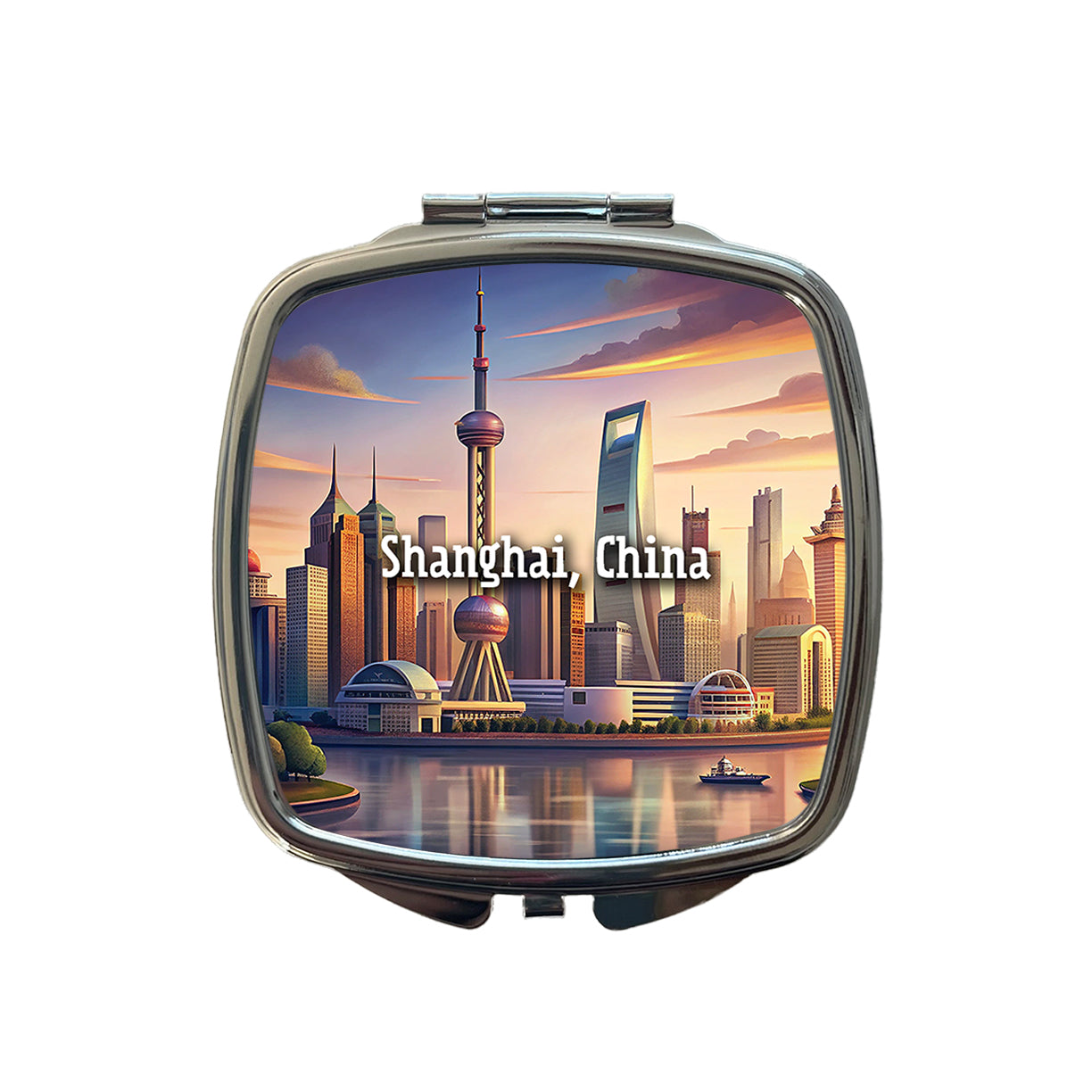 Shanghai, China Travel City Country Stamp Small Travel Purse Handbag Pocket Makeup Compact Mirror